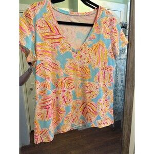 Lilly Pulitzer Size XL Michelle V-Neck Top Fish Print Colorful t shirt